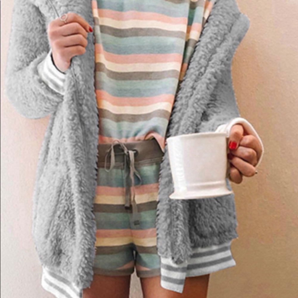 Varsity Over Size Plush Open Front Hooded Jacket